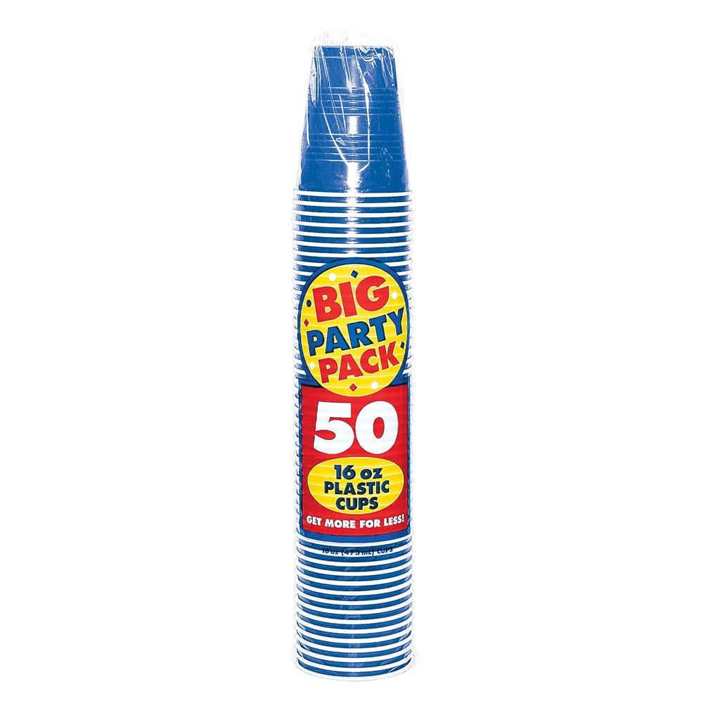 Stack of 50 bright royal blue 16oz plastic cups wrapped in clear packaging with party pack label.