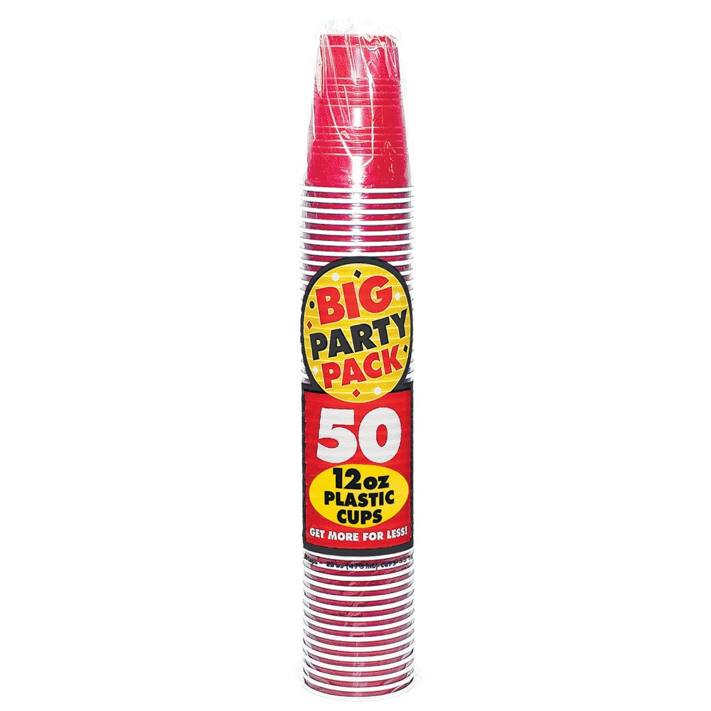 Stack of 50 glossy red plastic cups with yellow and black "Big Party Pack" label.
