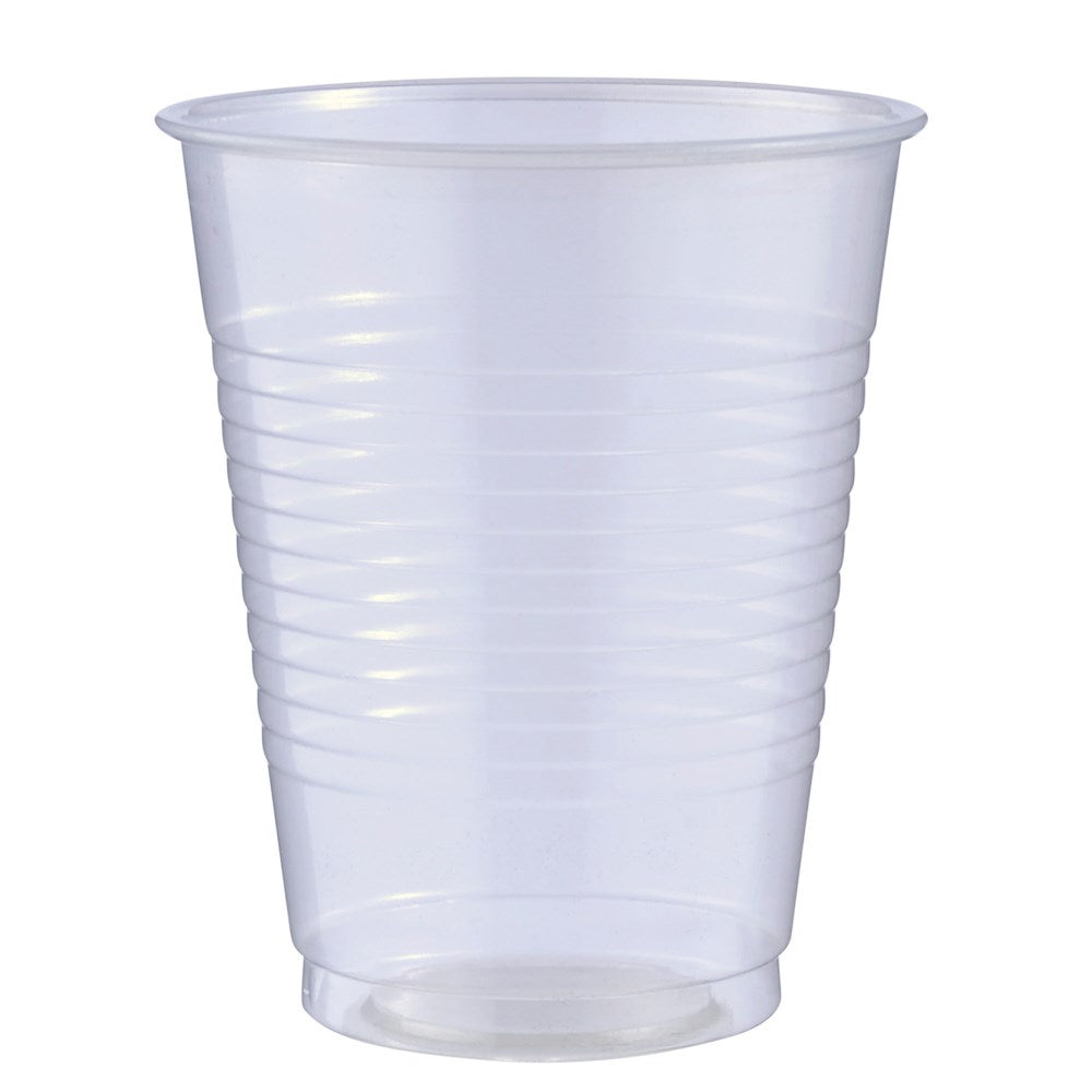 Clear 16oz disposable plastic cup with horizontal ribbed texture and flared rim.