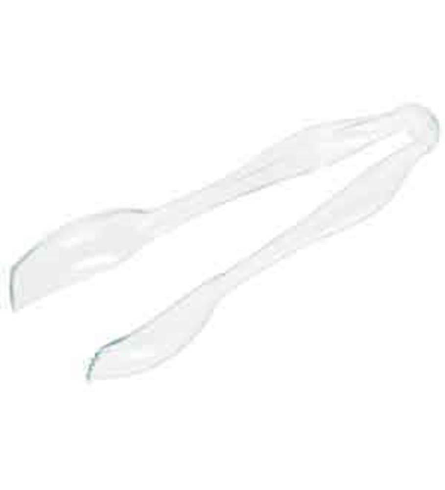 Transparent plastic kitchen tongs with curved gripping ends and a squeeze-to-lock handle.