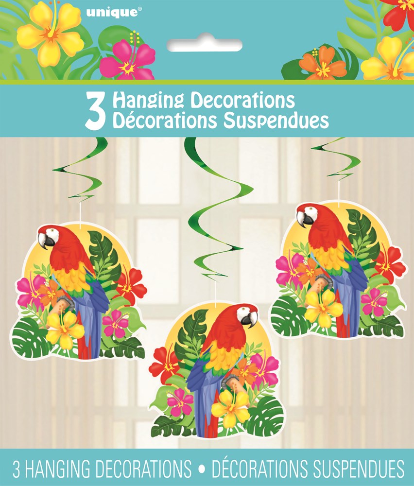 Three tropical-themed hanging swirl decorations with colorful parrots, green spirals, and bright flowers.