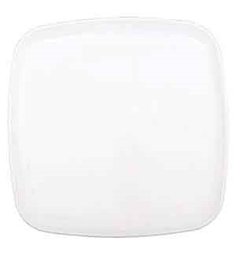 White square ceramic platter with slightly rounded edges and smooth surface.