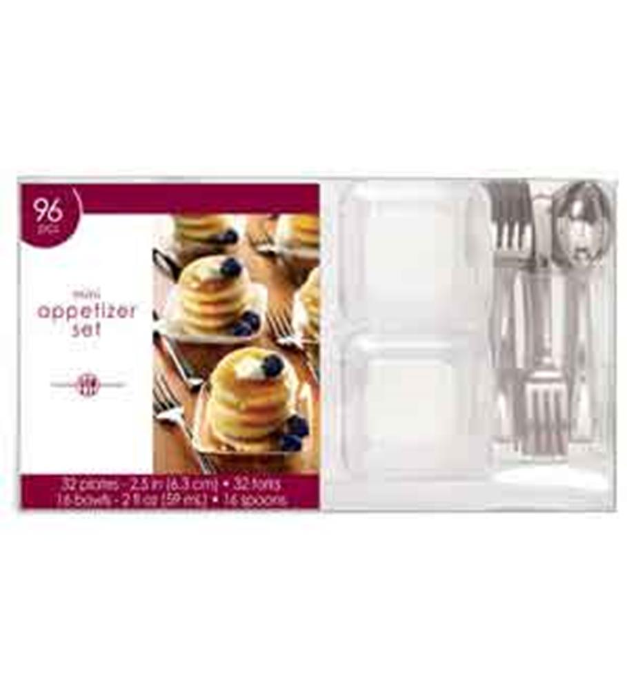 Clear plastic mini appetizer plates and matching silver plastic forks and spoons set, 96 pieces total.