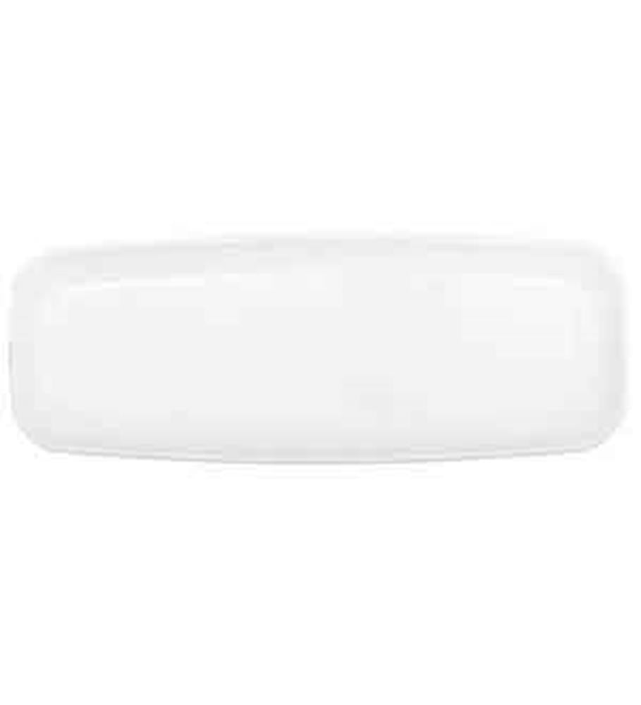 White rectangular ceramic serving platter with smooth edges and glossy finish.
