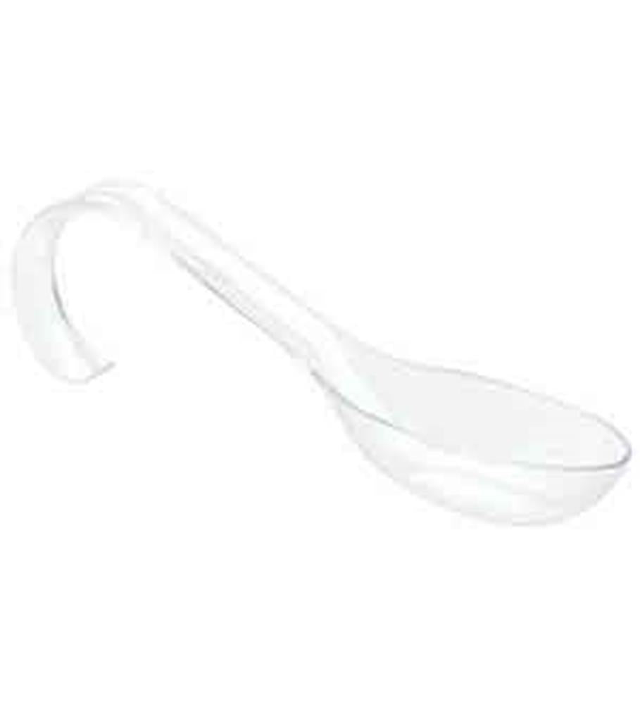 Clear small curved spoon with a hooked handle, made of transparent plastic.
