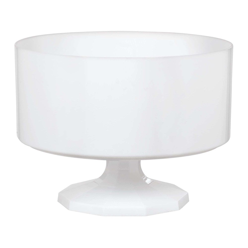 White pedestal trifle container with smooth cylindrical bowl and faceted base.