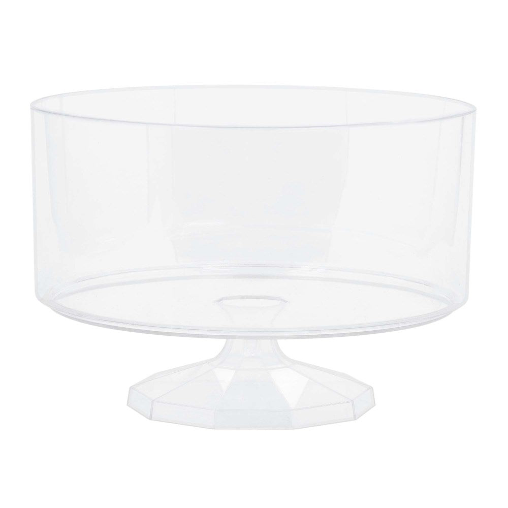 Clear plastic small trifle container with pedestal base and wide round bowl.