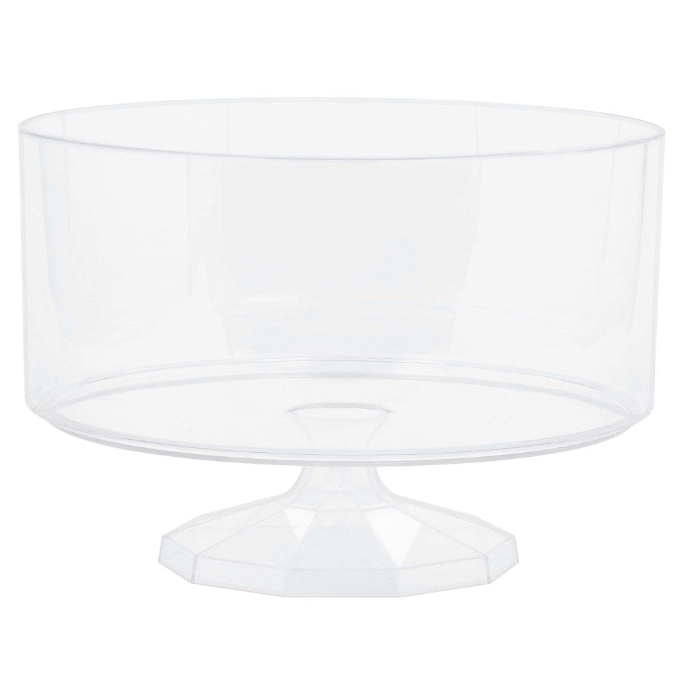 Clear medium-sized round trifle container with pedestal base made of transparent plastic.