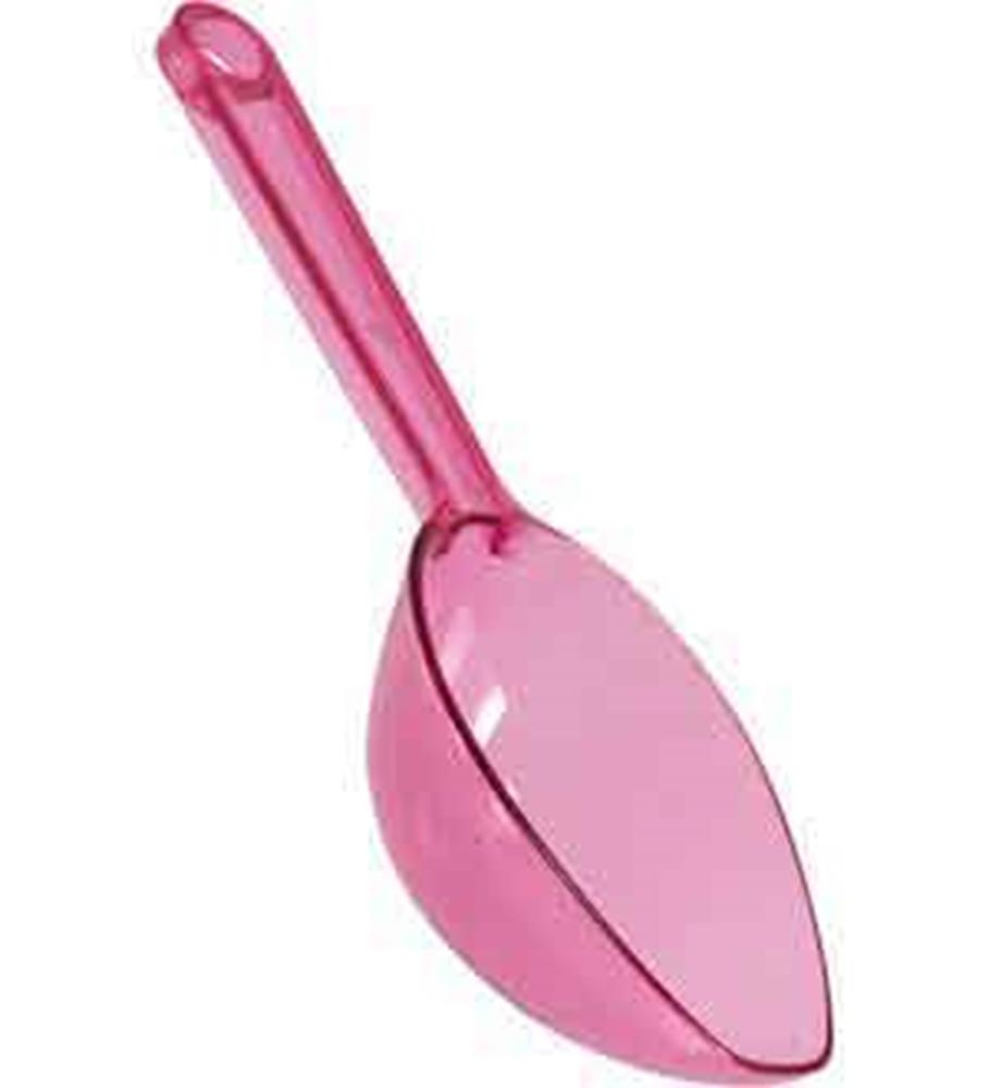 Bright pink translucent plastic scoop with a rounded handle and deep bowl.