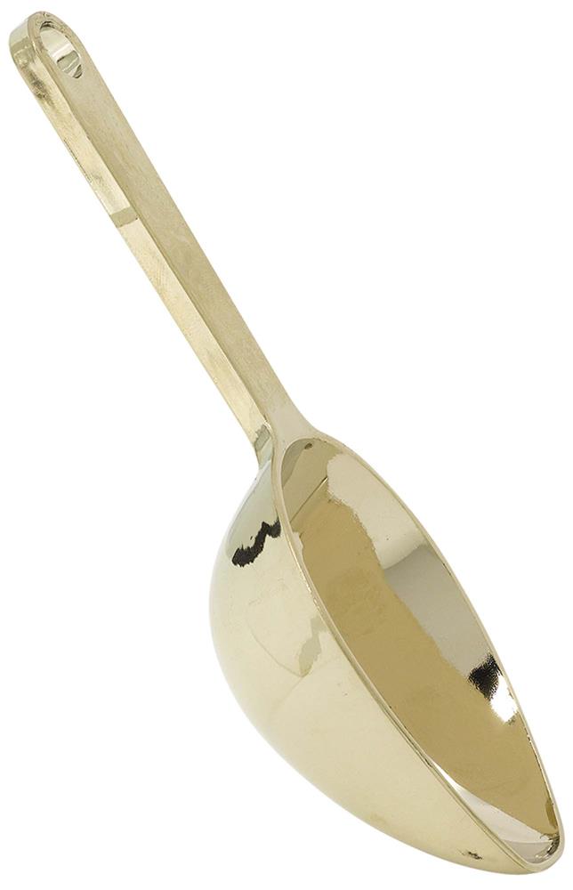 Shiny gold metal candy scoop with a long handle and rounded bowl-shaped scoop.