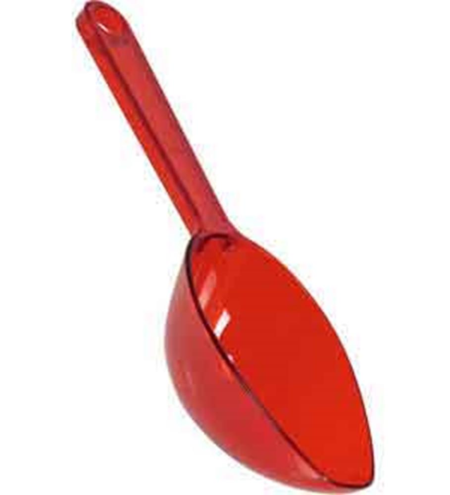Red plastic scoop with a deep, rounded bowl and a hole at the handle tip for hanging.