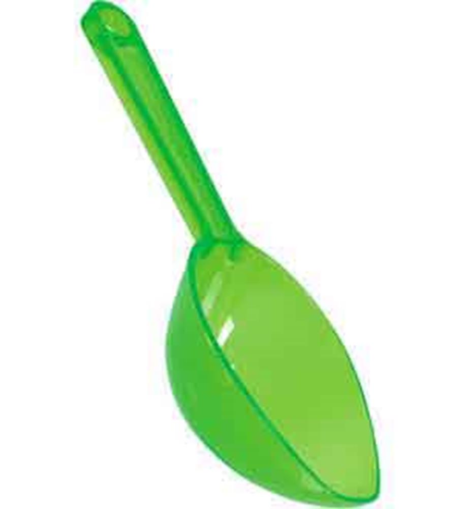 Bright green plastic scoop with a pointed tip and angled handle.