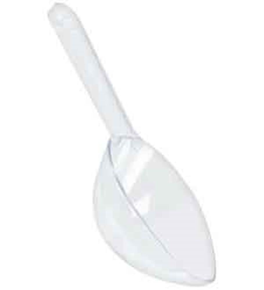Clear plastic scoop with a flat handle and a deep, rounded bowl for serving or measuring.