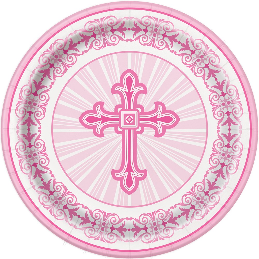 Round pink paper plate with ornate floral border and a central decorative cross design.