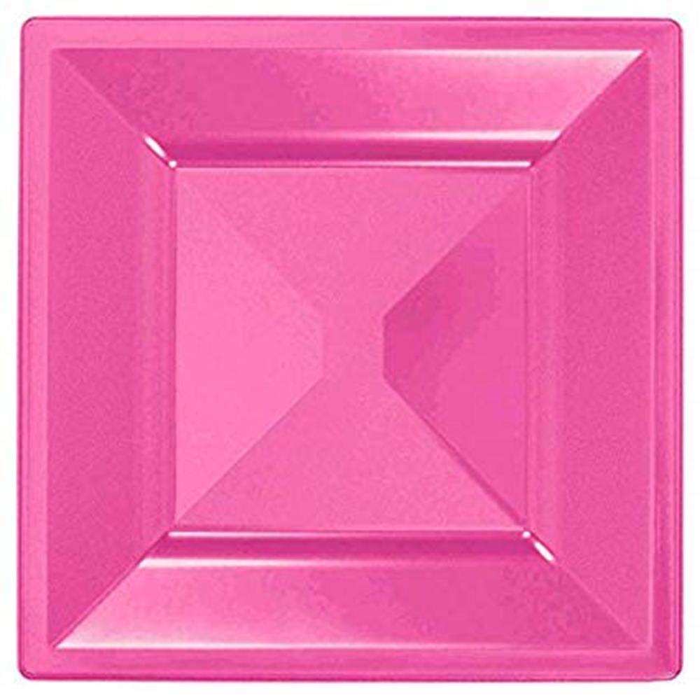 Bright pink 8-inch square plastic plate with raised edges and glossy finish.