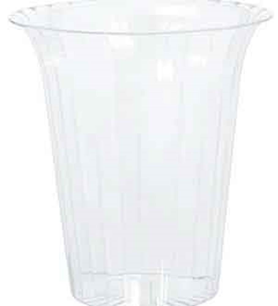 Clear flared cylinder glass with vertical ribbed texture and smooth rim.