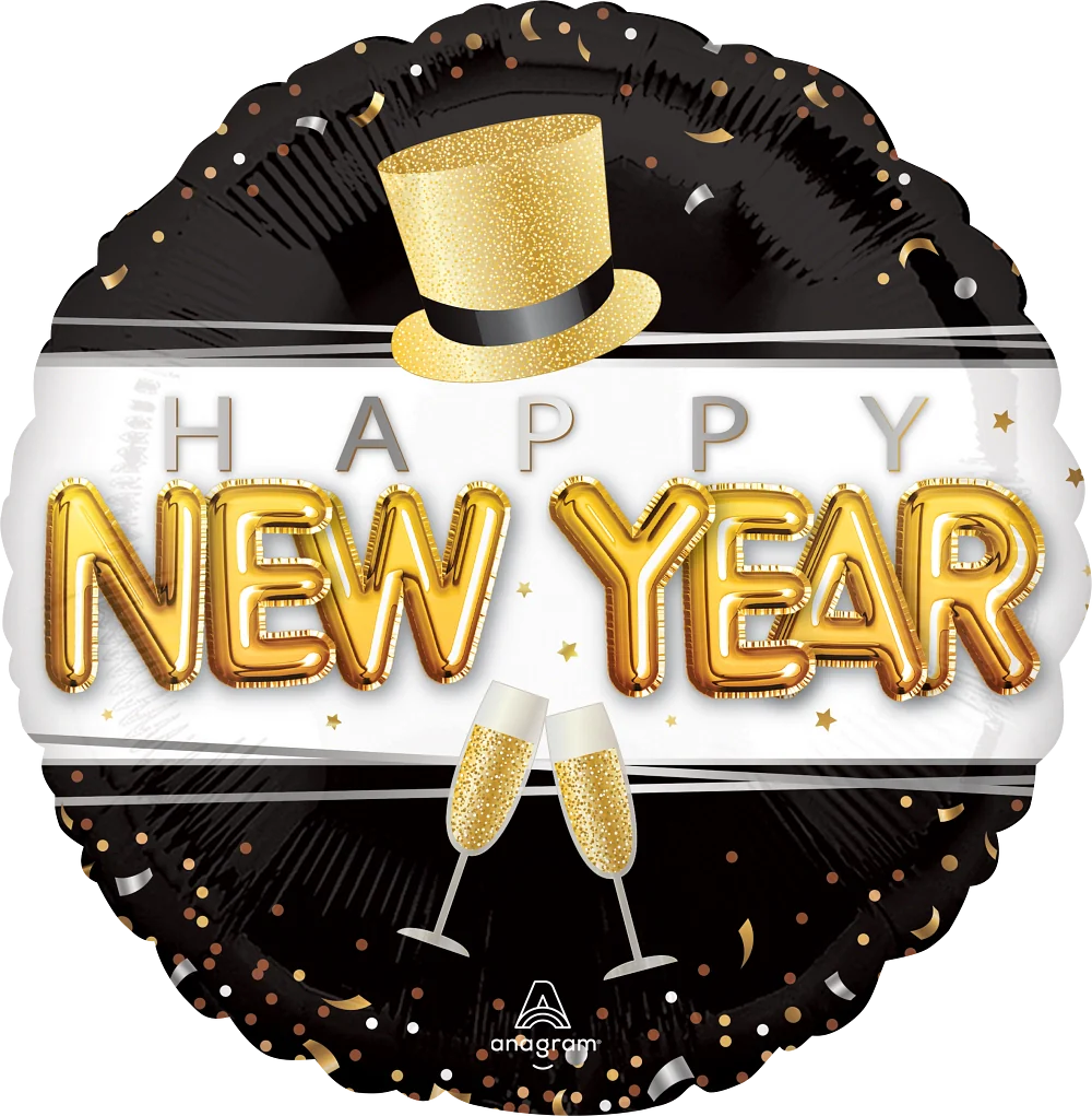 Round black foil balloon with gold confetti, gold top hat, champagne glasses, and "Happy New Year" in gold letters.