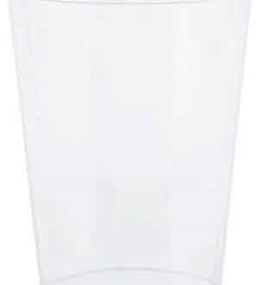 Clear medium-sized cylindrical plastic container with smooth sides and open top.