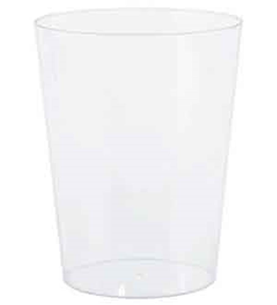 Clear transparent plastic cylinder container with smooth sides and a wide open top.