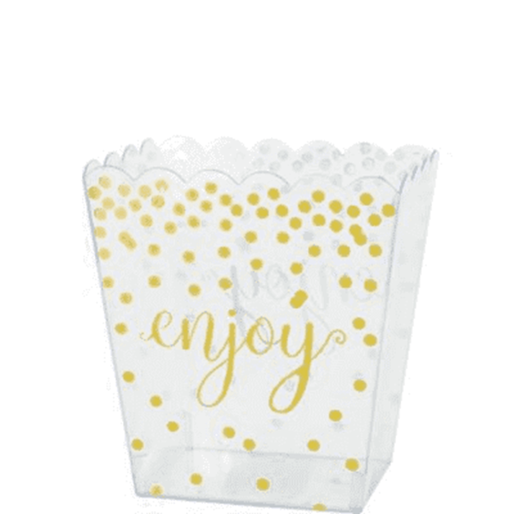 Black scalloped container with gold polka dots and the word "enjoy" in gold script.