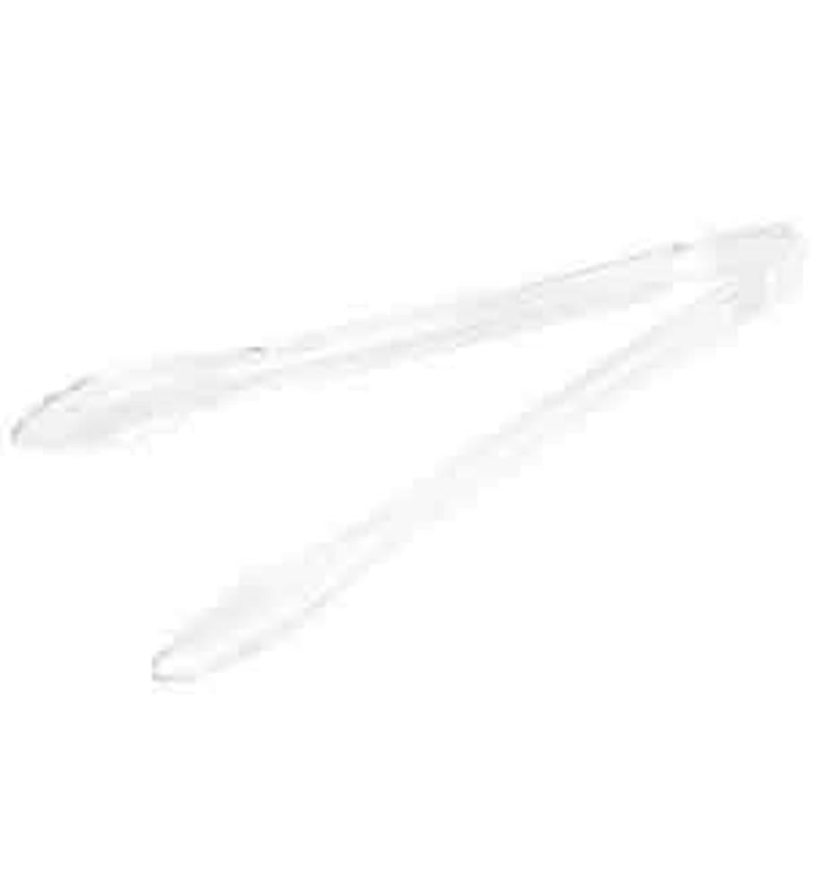 Transparent 12-inch plastic salad tongs with scalloped gripping edges.