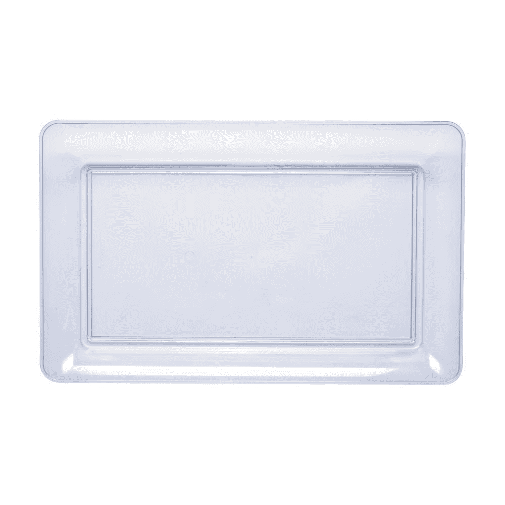 Clear rectangular plastic tray with slightly raised edges and smooth surface, 11 by 18 inches.