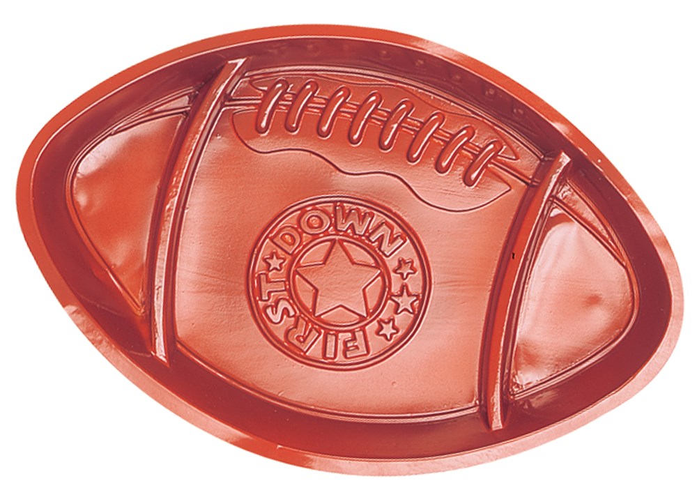 Red plastic tray shaped like an American football with embossed laces and a star emblem in the center.