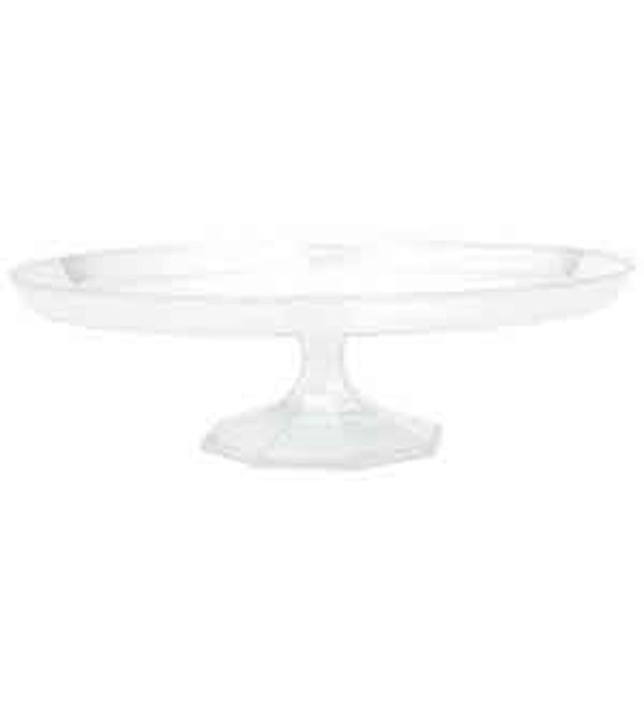 Clear round dessert stand with a wide flat top and sturdy pedestal base.