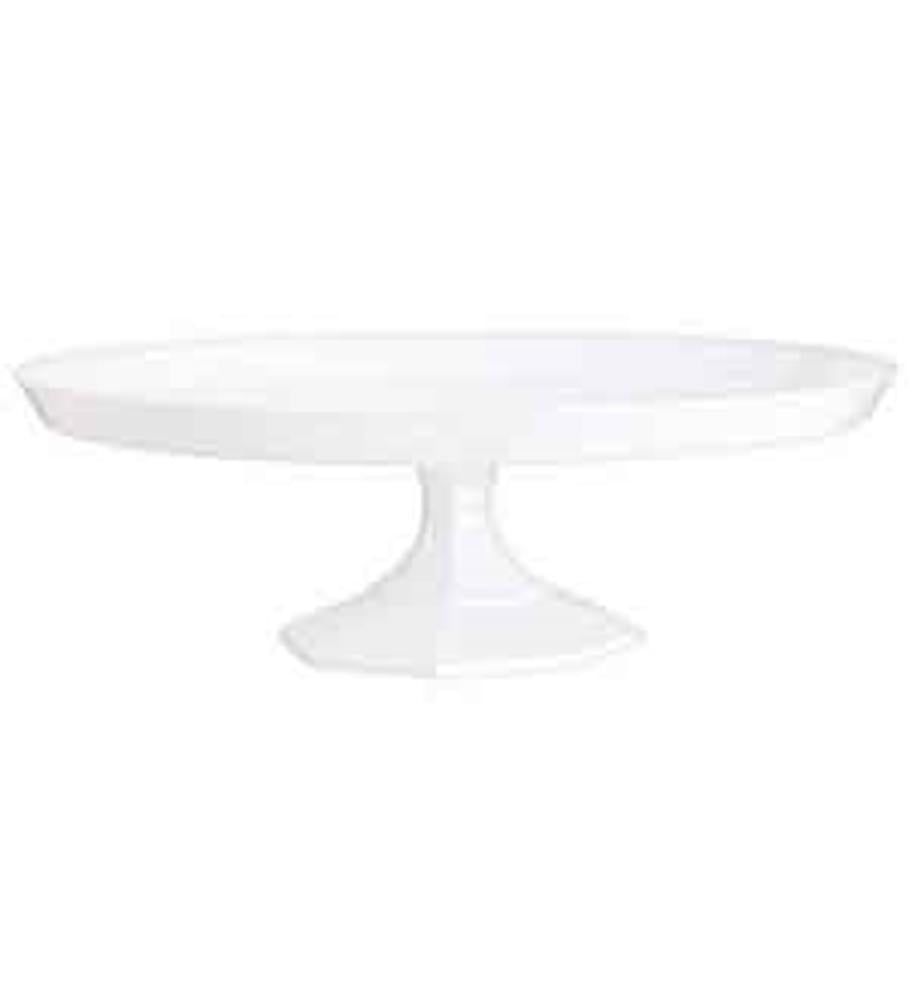 White ceramic medium dessert stand with round plate and pedestal base.