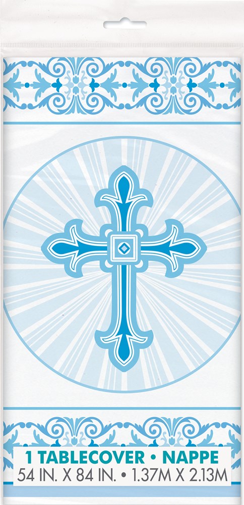 Blue tablecover with a detailed radial cross design and decorative flourishes along the border.