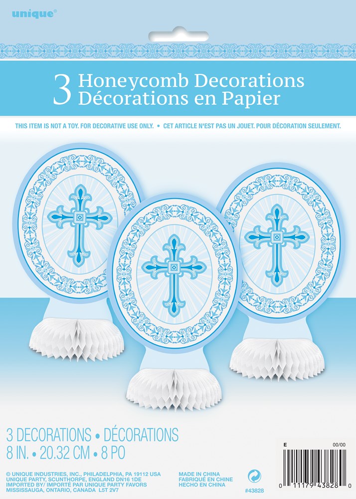 Three blue circular honeycomb paper decorations featuring intricate crosses and white tassels at the bottom.