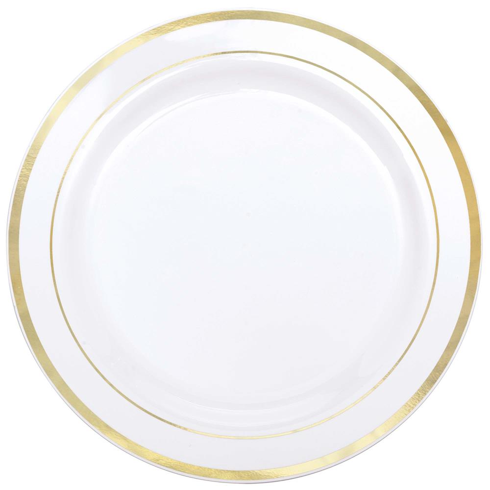 White round plate with a 12-inch diameter and elegant double gold rim detailing.