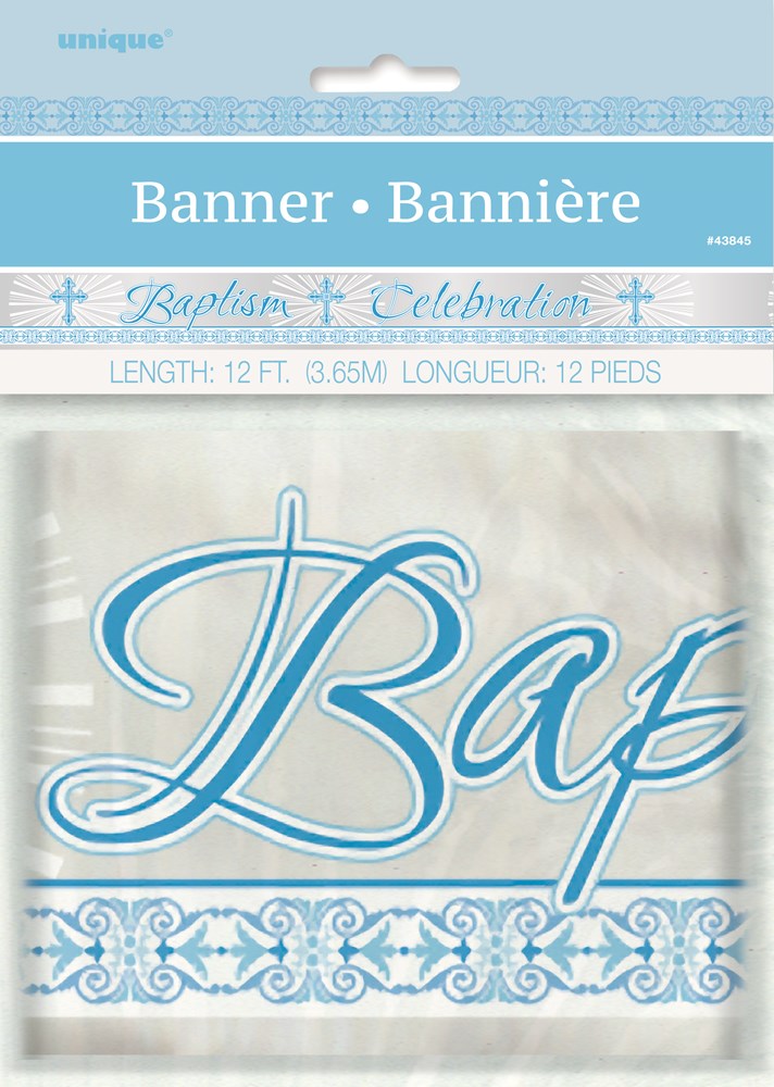 Blue and white fabric banner with cursive "Baptism & Celebration" text and decorative floral border, 12 feet long.