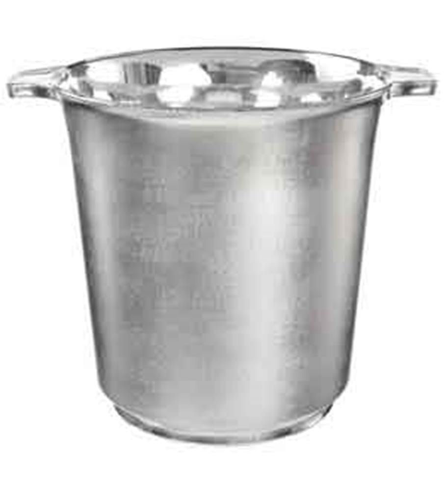 Silver metal ice bucket with two horizontal handles and a wide rim.