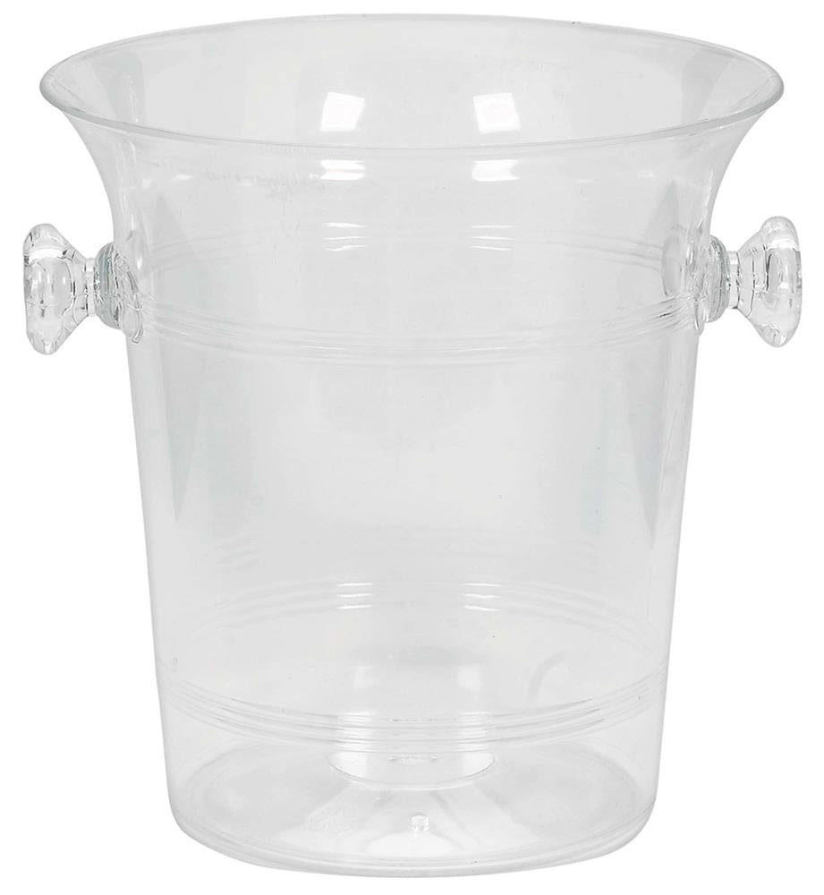 Clear cylindrical ice bucket with flared rim and decorative knob handles on each side.