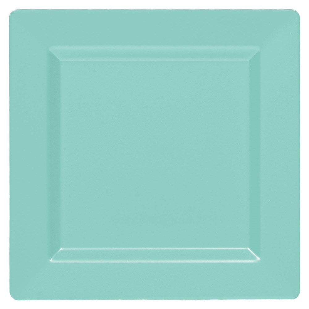 Square robins egg blue plate with raised edge, 10-inch size, smooth matte finish.