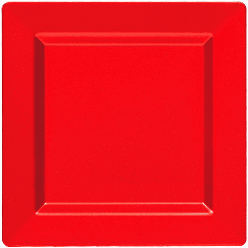 Square bright red plastic plate with raised edges and matte finish, 10 inches wide.