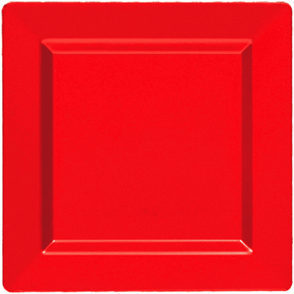 Square red plastic plate with raised edges and glossy finish, 7.25 inches wide.