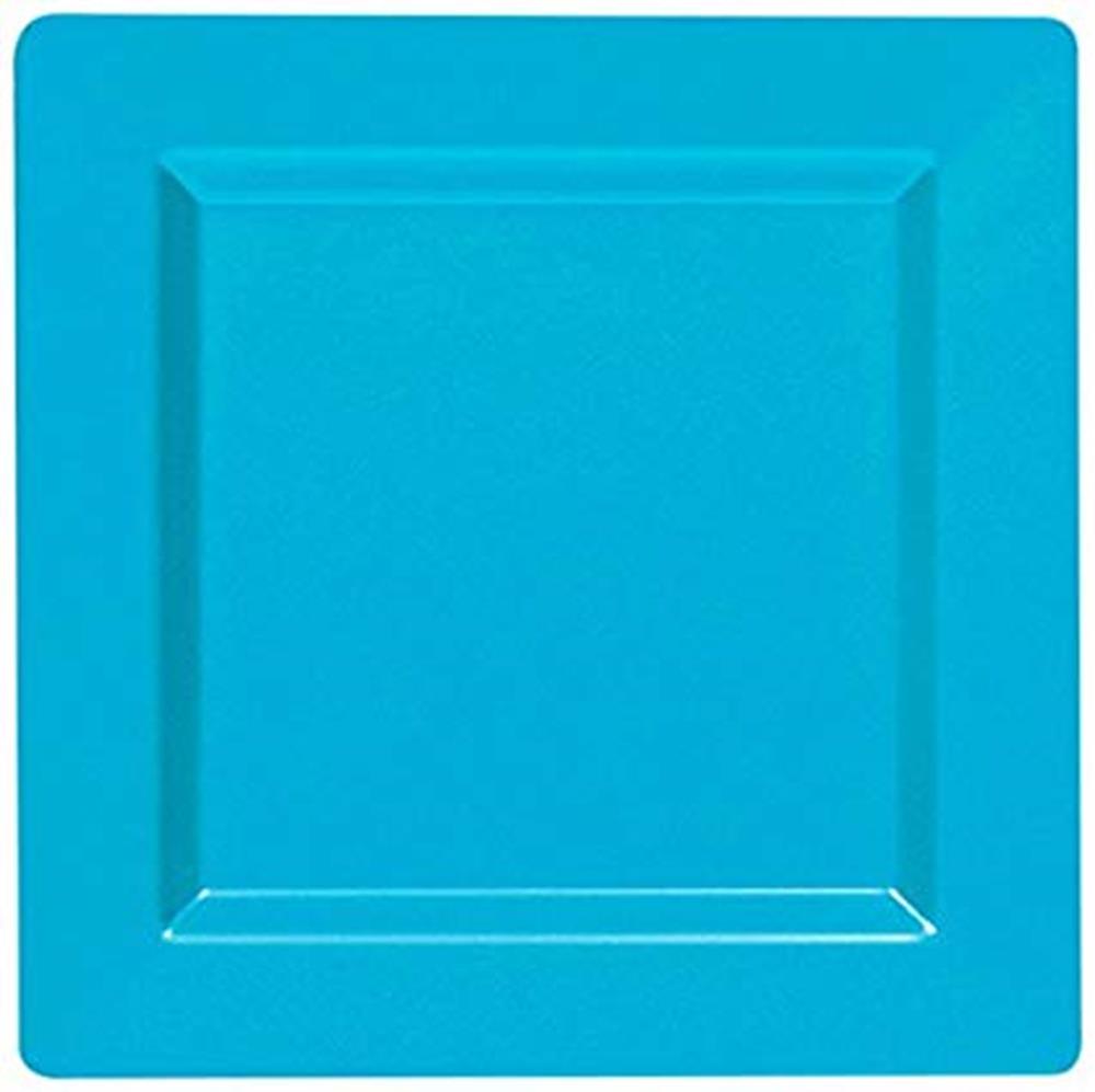 Square Caribbean blue plate with slightly raised edges, 7.25 inches wide, glossy finish.