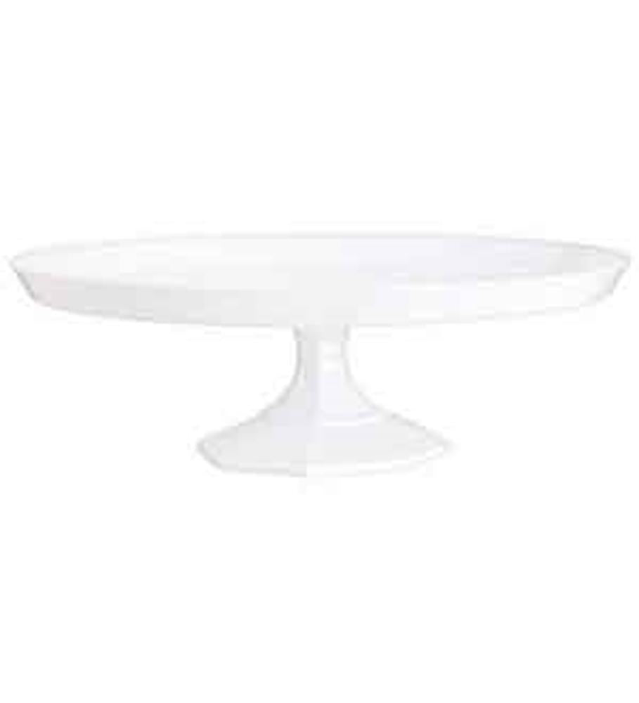 White ceramic large dessert stand with a round flat top and pedestal base.