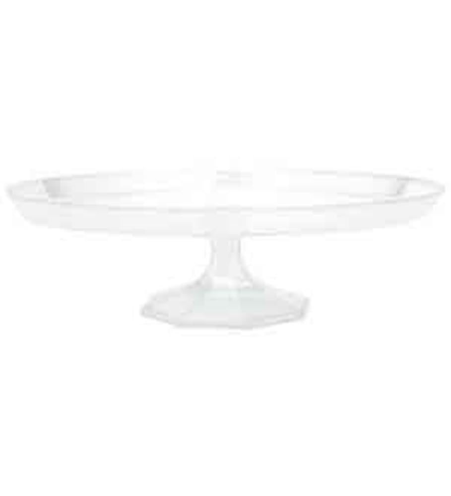 Clear large round glass dessert stand with wide flat top and sturdy pedestal base.