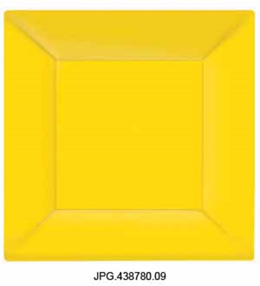 Bright yellow square plate with slightly raised edges, 10.75 inches wide, plastic material.