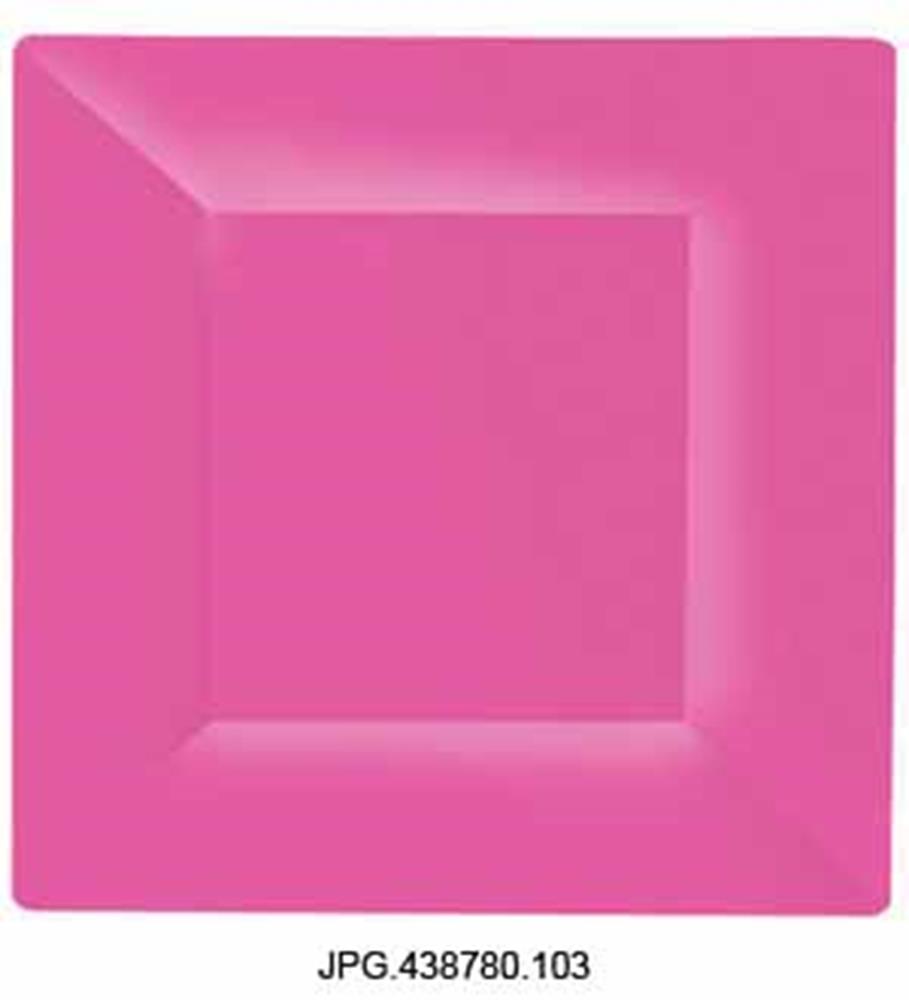 Bright pink square plate with raised edges and a smooth matte finish, 10.75 inches wide.