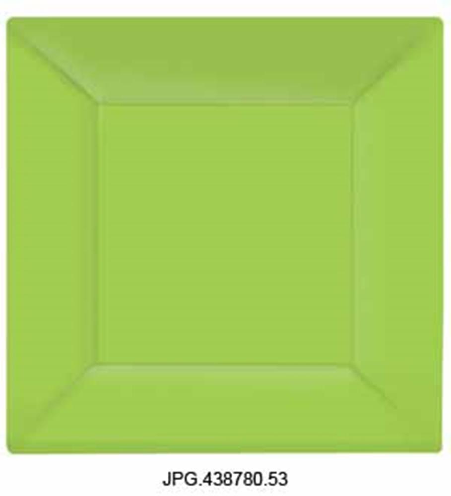 Bright green square plastic plate with slightly raised edges, 10.75 inches wide.