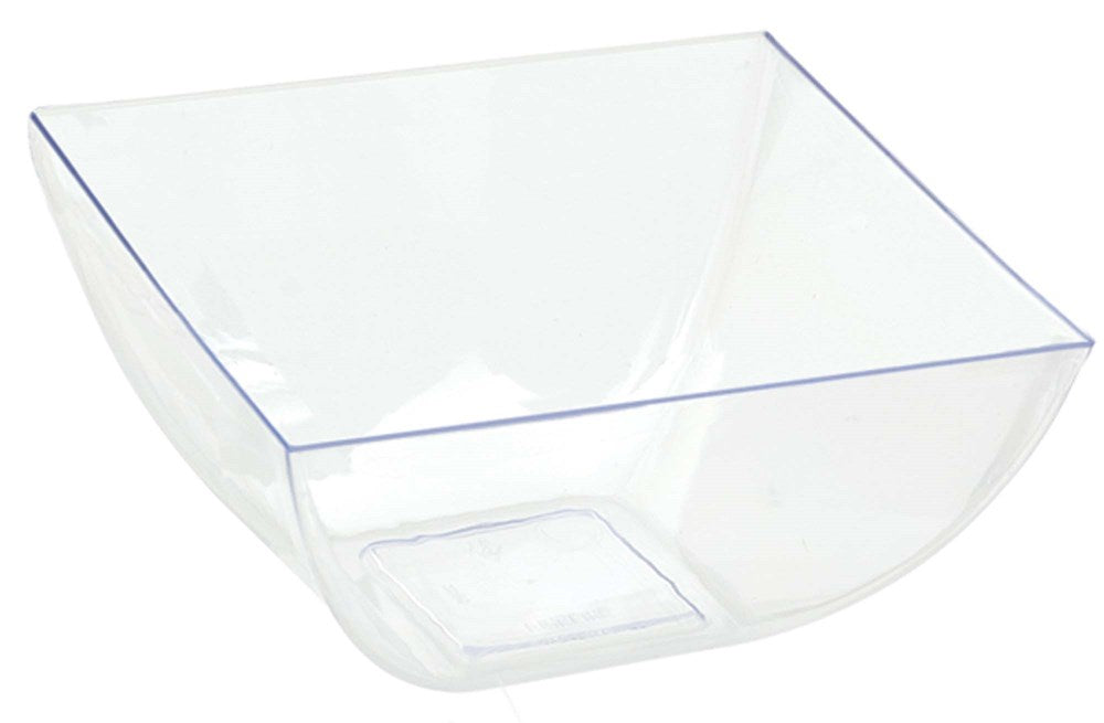 Set of ten clear square bowls with rounded edges, 8-ounce capacity, made of transparent plastic.