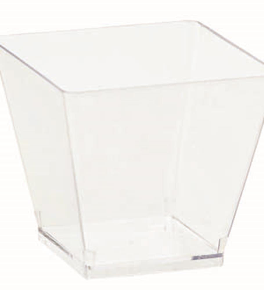 Clear mini cube container with smooth edges, transparent plastic, square shape tapered slightly outward.