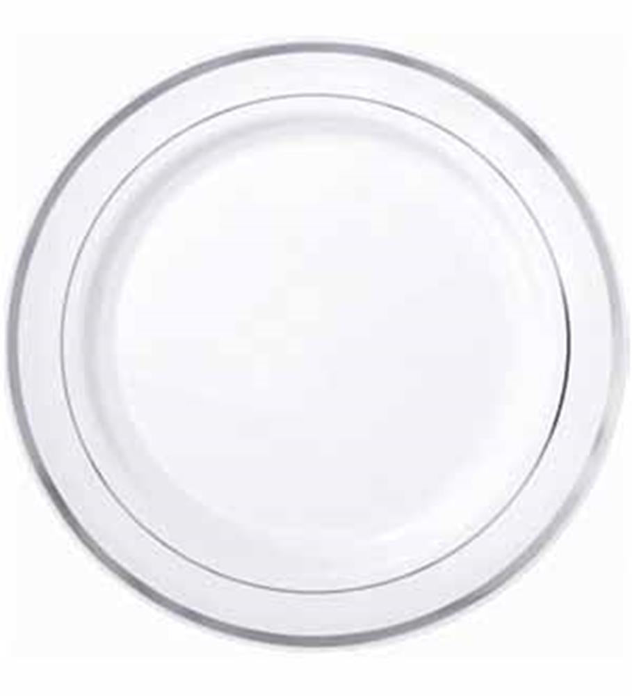 White round plastic plate with a silver trim around the edge.