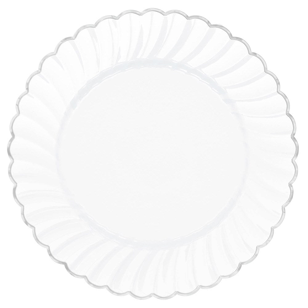 White scalloped-edge plate with metallic silver trim, 10.25-inch diameter.
