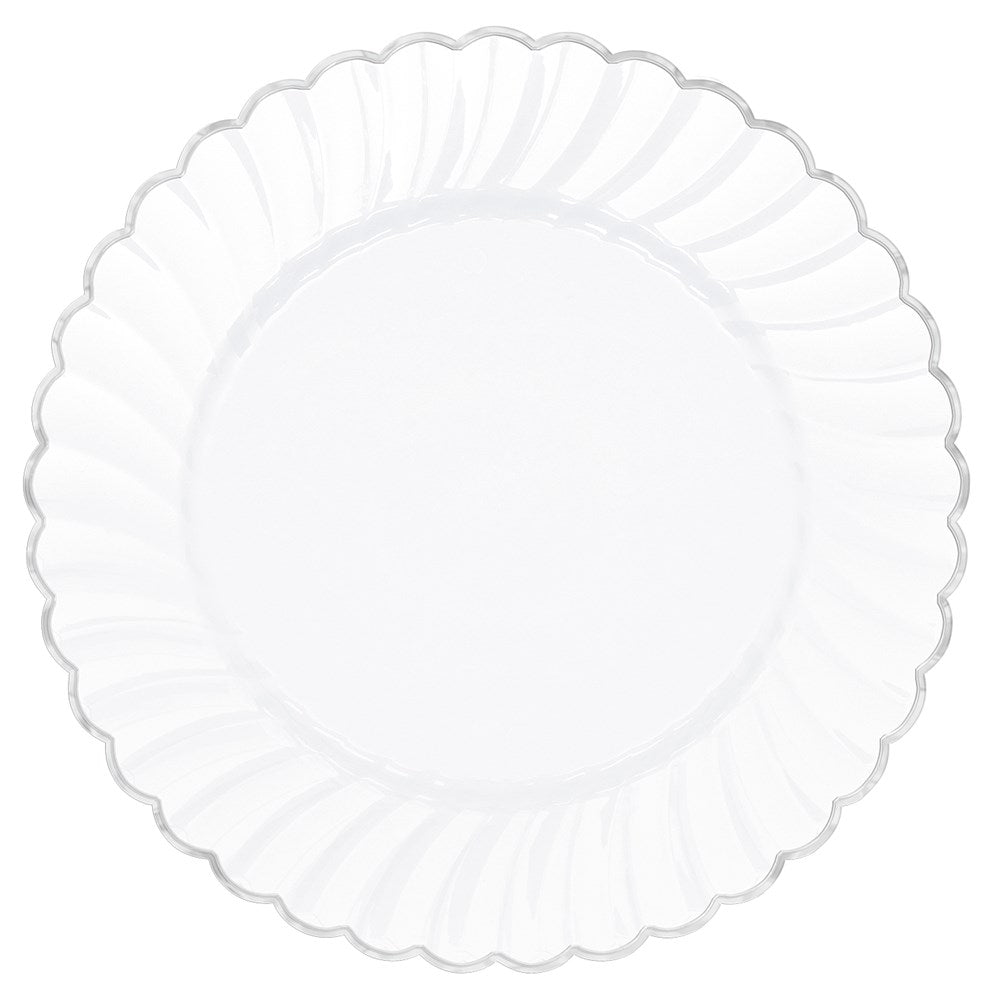 White scalloped plate with silver metal trim, 7.5-inch round tableware.