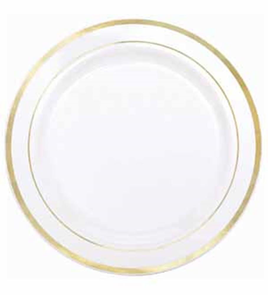 White round plastic plate with two thin gold trim rings, 10.25 inches diameter.